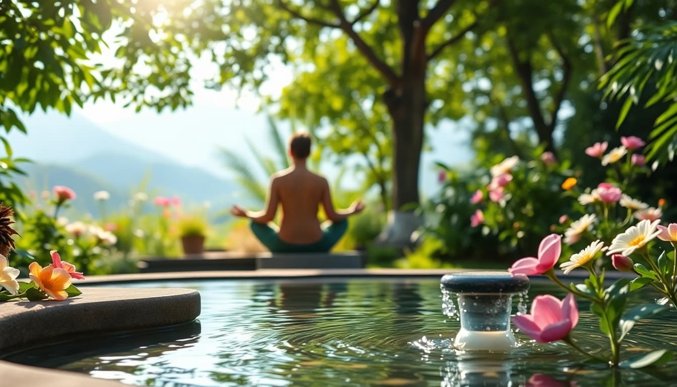 Meditator in a vibrant garden promotes mental wellness with tranquility and nature.
