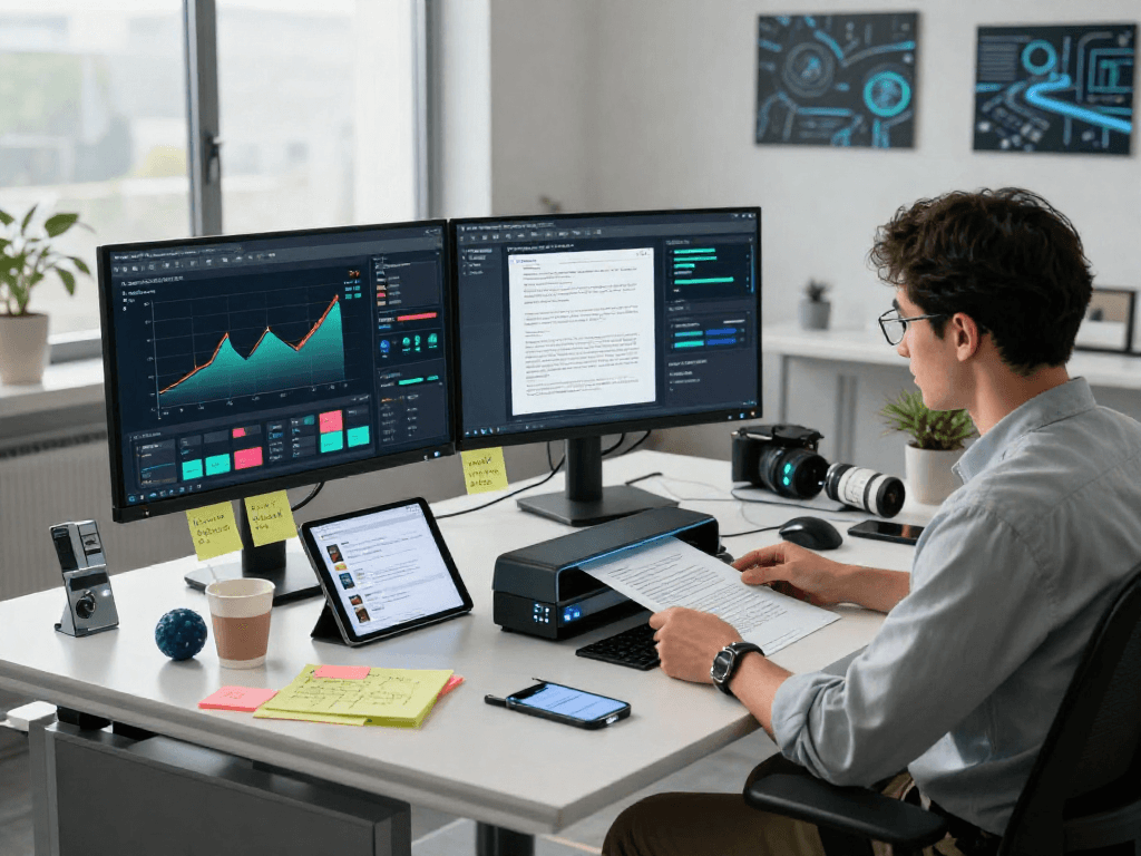 Document fraud detection software analyst reviewing metrics in a modern office