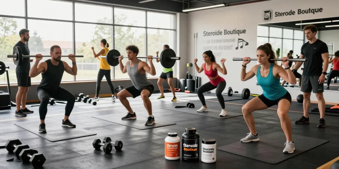 Vibrant fitness scene featuring athletes using supplements from Steroide Boutique in a modern gym.