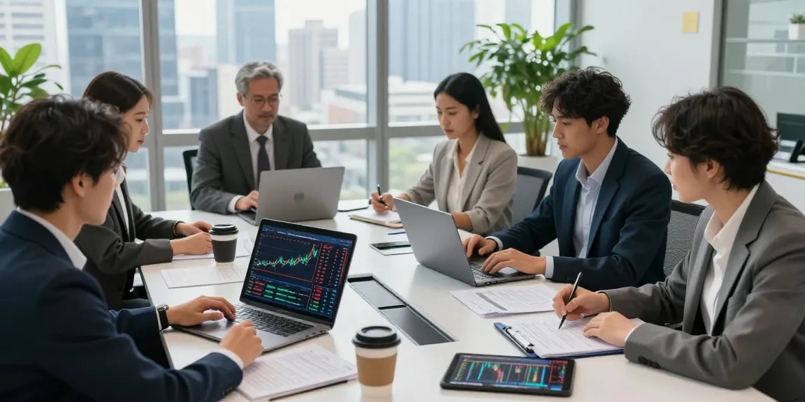 Team discussing ETF investment strategies in a modern office setting