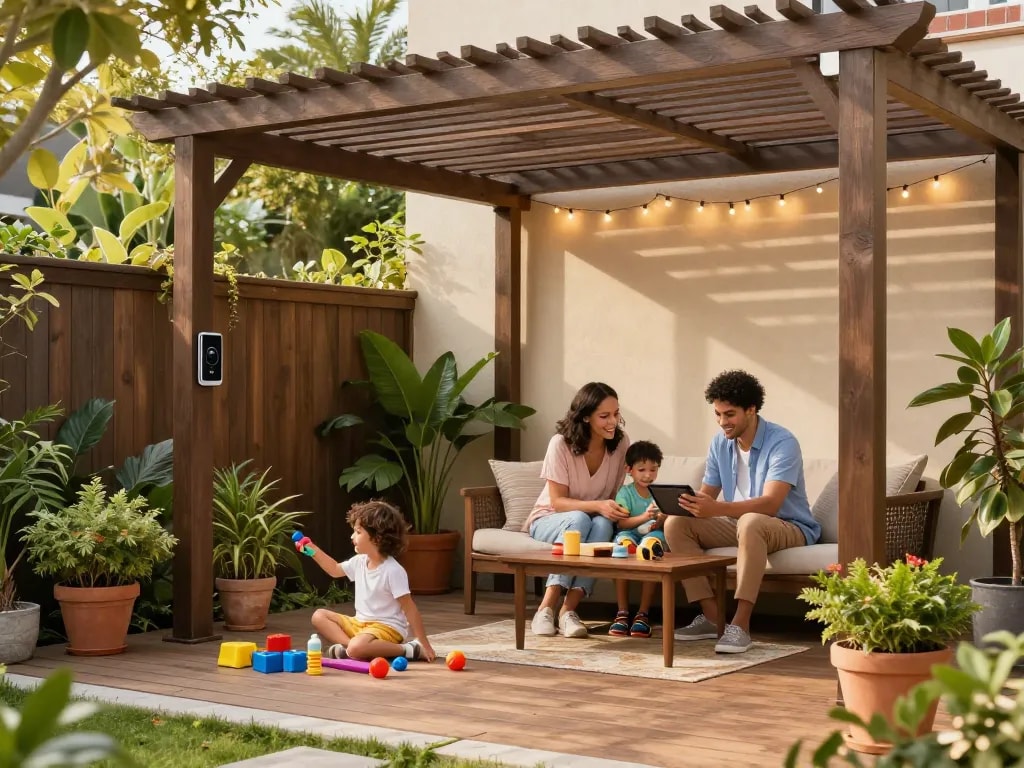 Configuratore pergole con preventivi automatici in un'accogliente impostazione all'aperto con una famiglia che gode di una pergola appena installata.