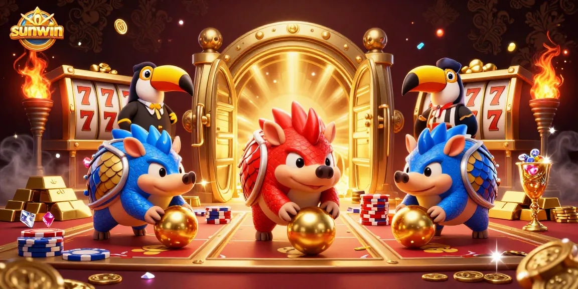 Experience thrilling action with sunwin as rival pangolins bowl through poker chips in a dazzling casino scene.