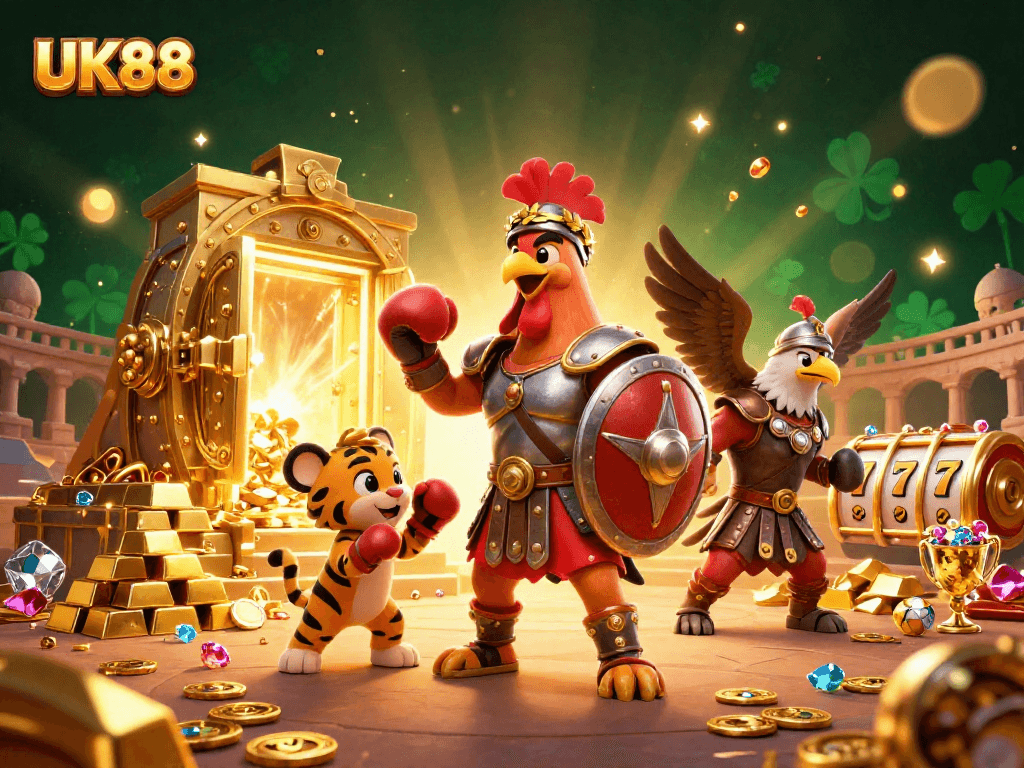 Engage players at UK88 with a vibrant, 3D illustration of a gladiator rooster, tiger cub, and eagle in a bustling casino scene.