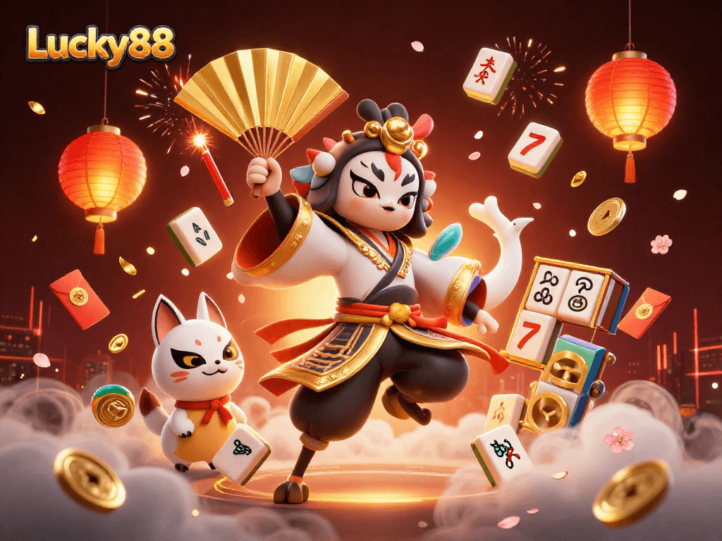 Experience winning action with Lucky88 in a vibrant 3D casino scene filled with festive elements.