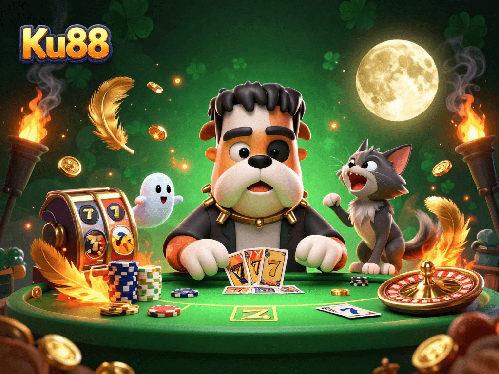 Engage with Ku88's thrilling gaming scene showcasing unique characters and vibrant casino elements.