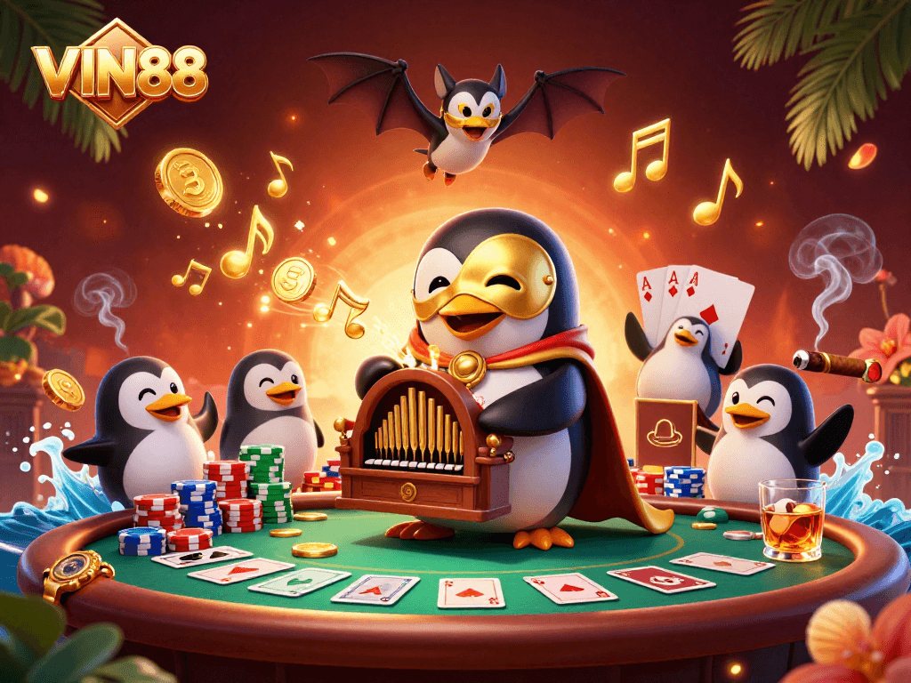 Experience the thrill of VIN88 with a captivating casino scene featuring a 3D phantom penguin at the organ.
