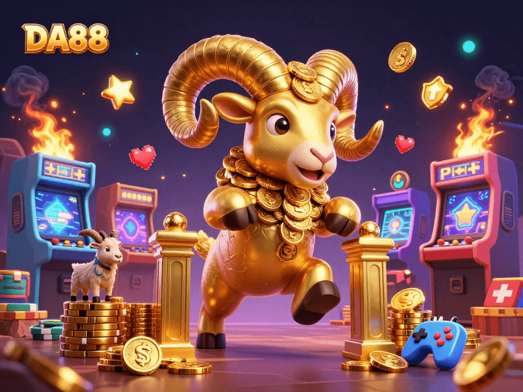 Experience thrilling gameplay at DA88 with the golden ram charging through a vibrant casino