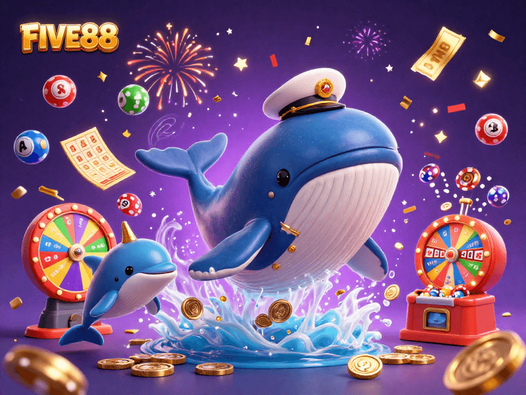 Engage in thrilling lottery fun with FIVE88’s vibrant gaming scene featuring playful characters.