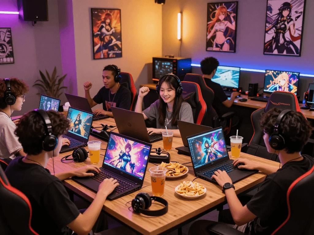 Players enjoying hentai games in a vibrant gaming lounge, showcasing a lively atmosphere and camaraderie.