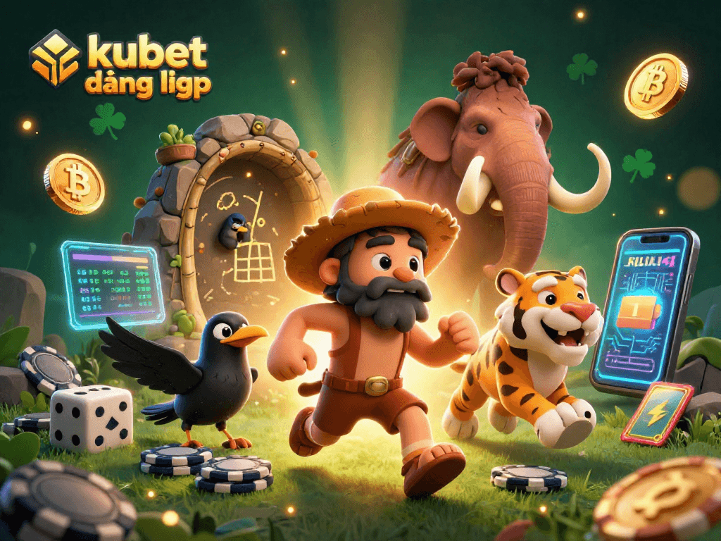 Experience thrilling kubet đăng nhập gameplay with caveman and sabertooth in a vibrant prehistoric casino.