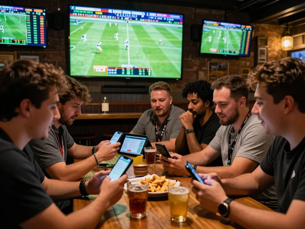 Friends discussing 1gom betting odds while watching a live football match in a sports bar.