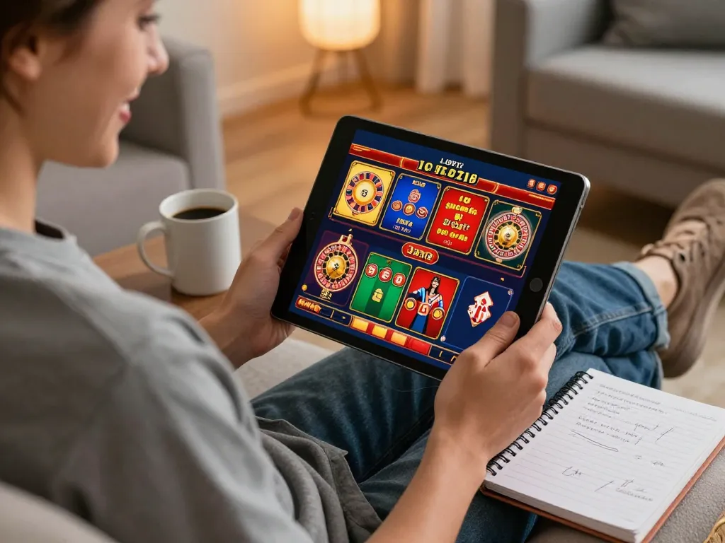 Player enjoying online casino games on ee88 tablet in cozy home setting, showcasing strategic gameplay.