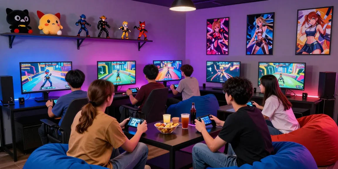 Excited friends playing a multiplayer hentai game in a colorful gaming lounge.