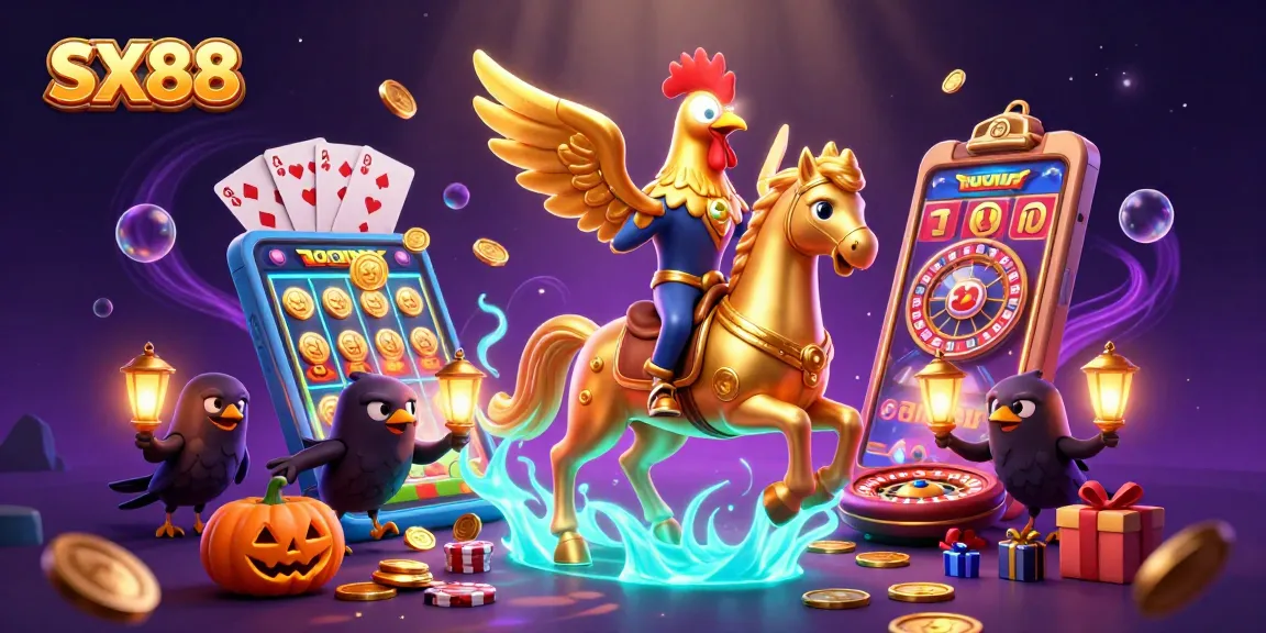 SX88 offers an engaging casino experience with distinctive elements like golden coins and colorful slot games.