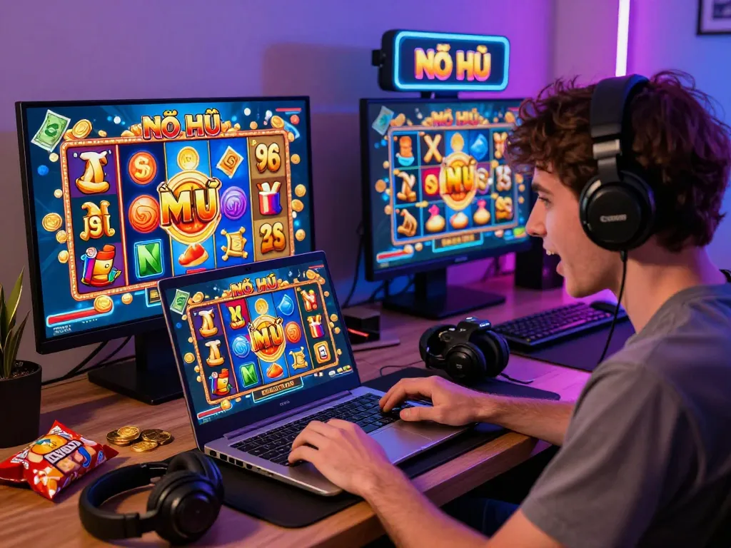 Nổ Hũ gaming experience with player celebrating a big win on vibrant slot game.