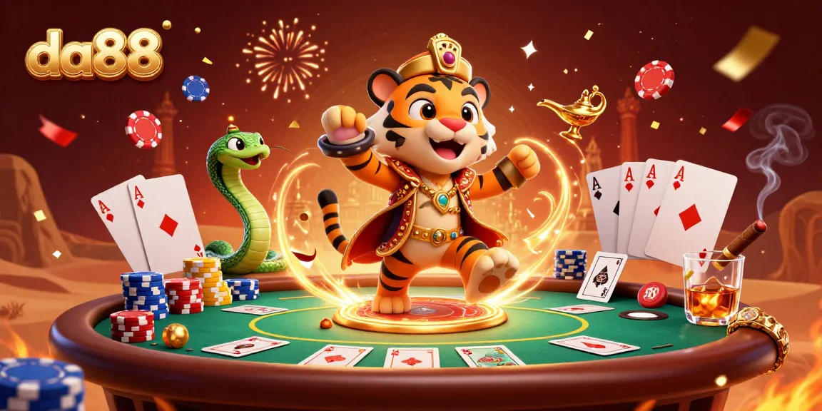 Play at da88's vibrant casino scene featuring a tiger sultan and poker elements.