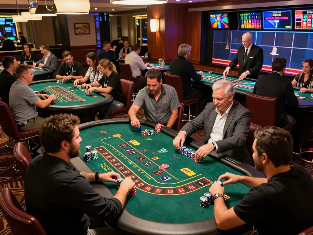Players engaged at CM88 fm casino tables, vibrant atmosphere and excitement in gameplay.