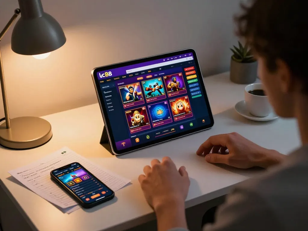 Engaged user playing lc88 online casino game on tablet, showcasing strategic betting.
