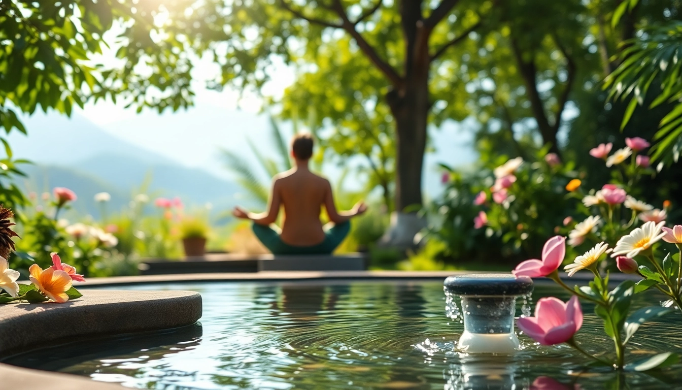 Meditator in a vibrant garden promotes mental wellness with tranquility and nature.