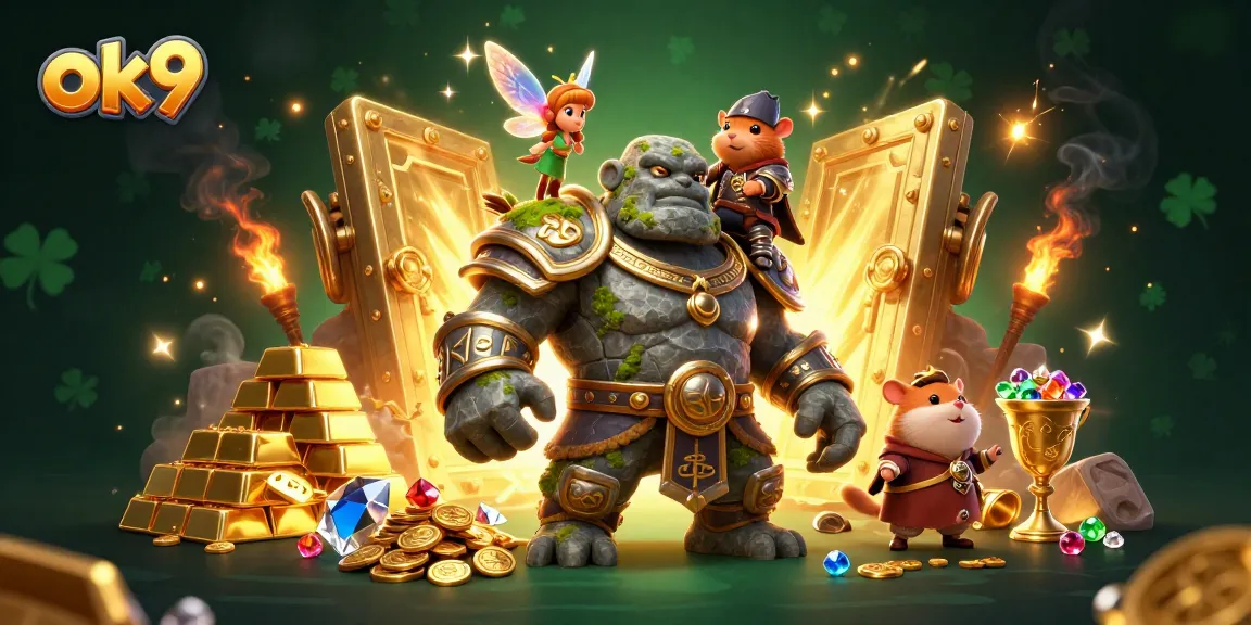 Experience thrilling gambling action at ok9 with an enchanting golem, fairy, and hamster knight amidst treasures.