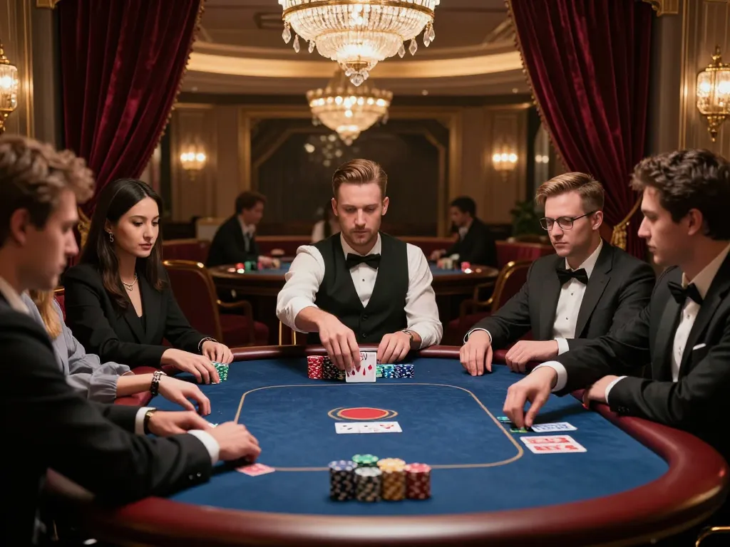 Players strategizing during a high-stakes poker game at VU88, capturing the excitement and luxury of casino gaming.