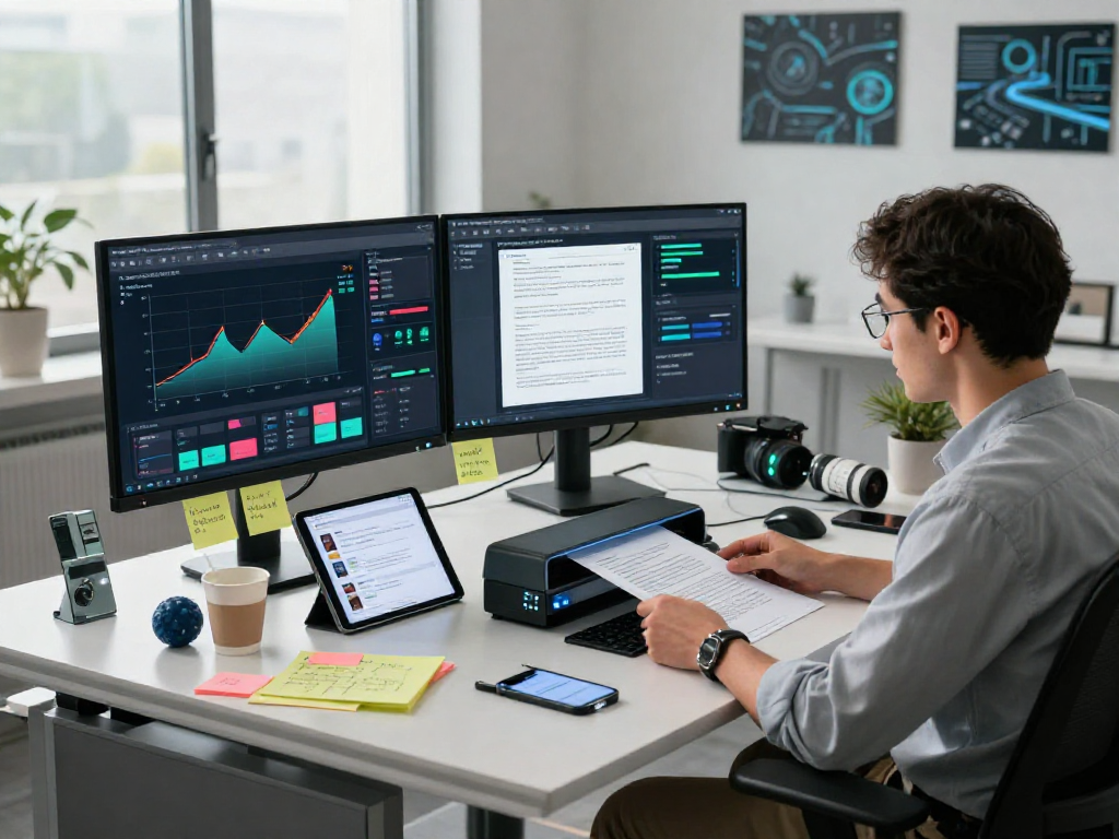 Document fraud detection software analyst reviewing metrics in a modern office