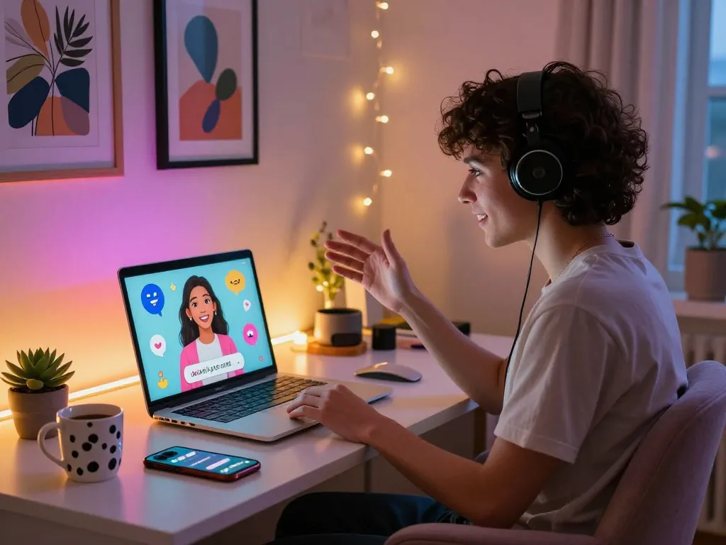 Sexting AI interaction in a vibrant home office setting with cozy lighting