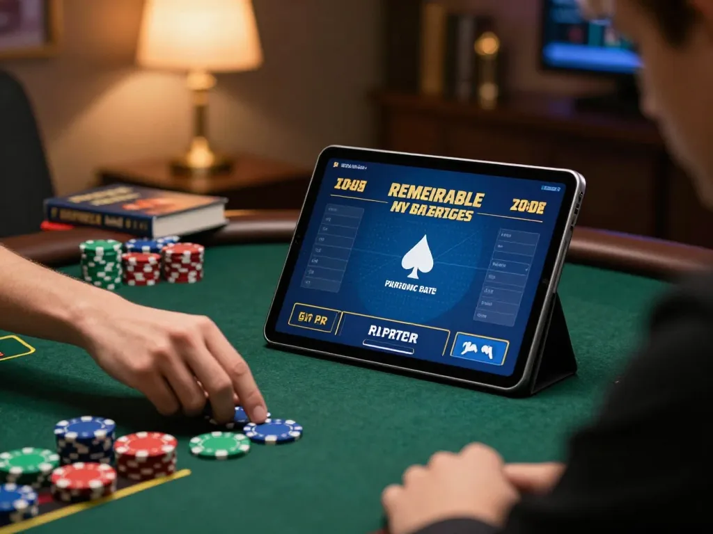 Player engaging in strategic online poker gameplay on tablet, exemplifying DA88's responsible gambling approach.