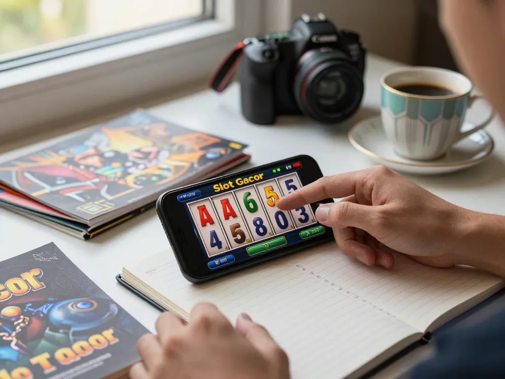 Bermain Slot Gacor di smartphone, menunjukkan pengaturan judi strategis dengan catatan dan kopi
