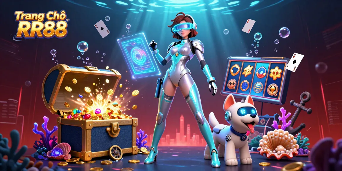 Engage with live action on Trang Chủ RR88, featuring a futuristic woman and robotic dog amidst vibrant casino elements.