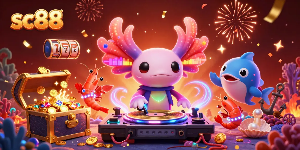 Experience thrilling gaming with sc88 as cartoon characters celebrate with gold coins and slot reels.