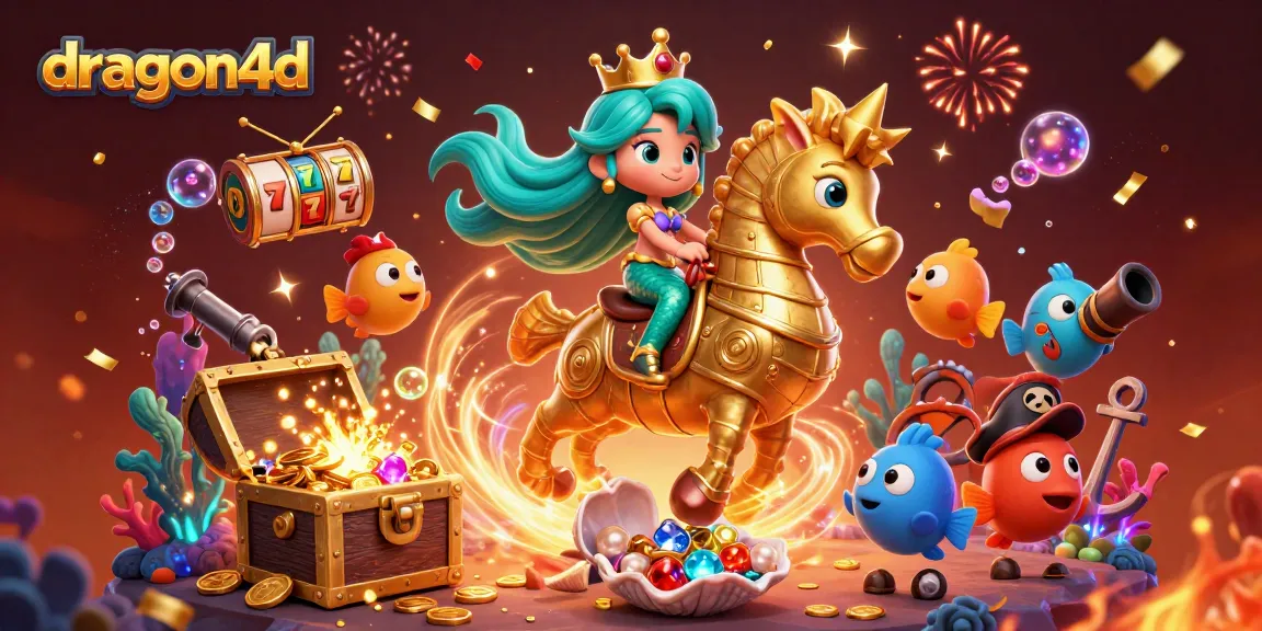 Experience thrilling gaming with dragon4d, featuring a colorful mermaid and seahorse in an action-packed slots scene.