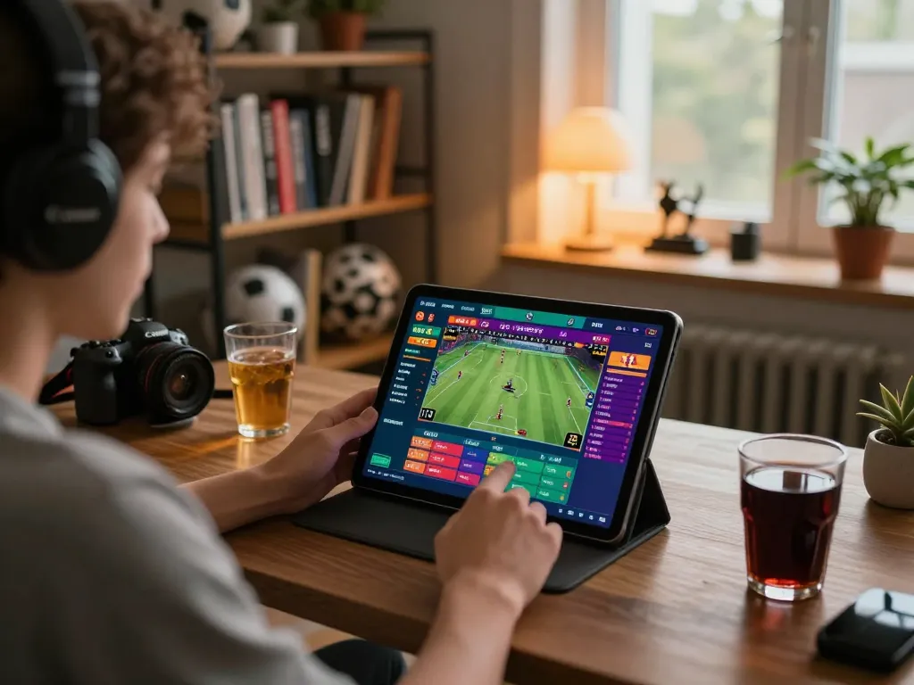 Engaging in keo nha cai sports betting on a tablet in a cozy home office environment