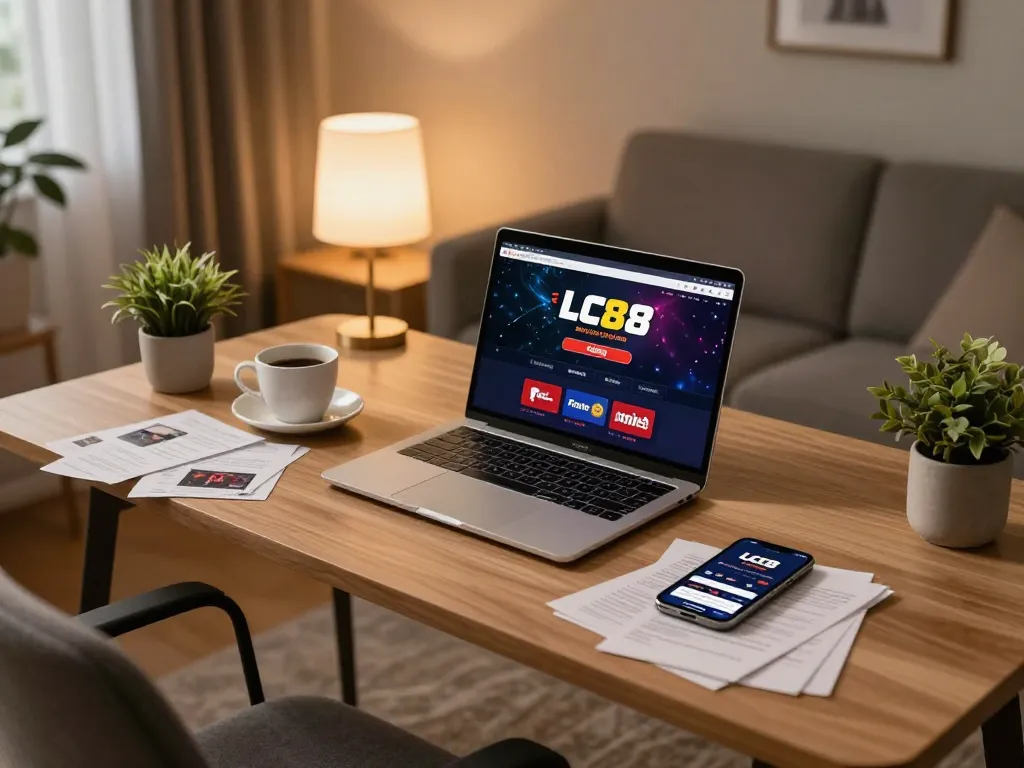 Engaging gameplay at home with the LC88 link visible on a laptop screen, creating a cozy online casino atmosphere.