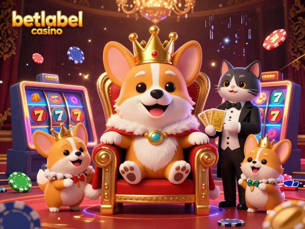 Experience the vibrant world of betlabel casino with a royal corgi on a throne of poker chips amid exciting game elements.