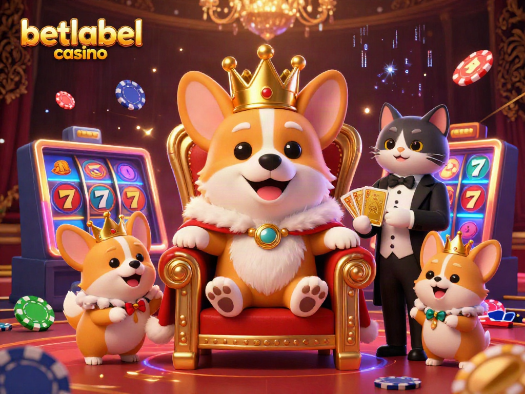 Experience the vibrant world of betlabel casino with a royal corgi on a throne of poker chips amid exciting game elements.