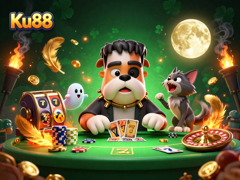 Engage with Ku88's thrilling gaming scene showcasing unique characters and vibrant casino elements.