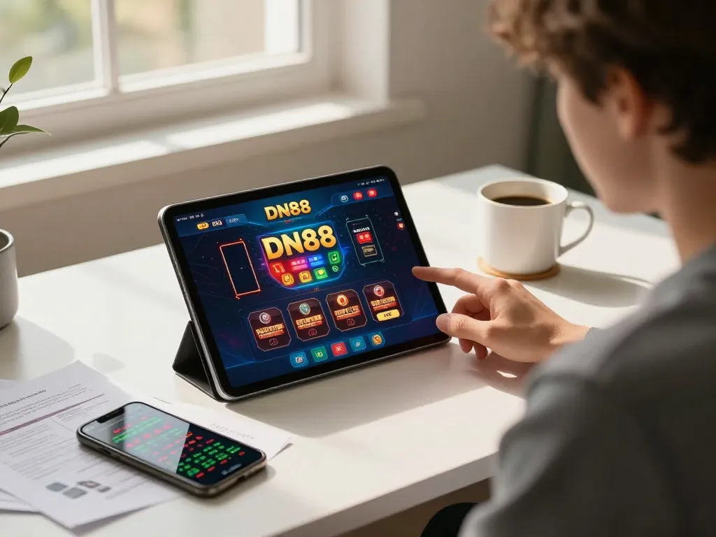 Engaging with DN88 online gaming experience at home, focusing on strategy and responsible play.