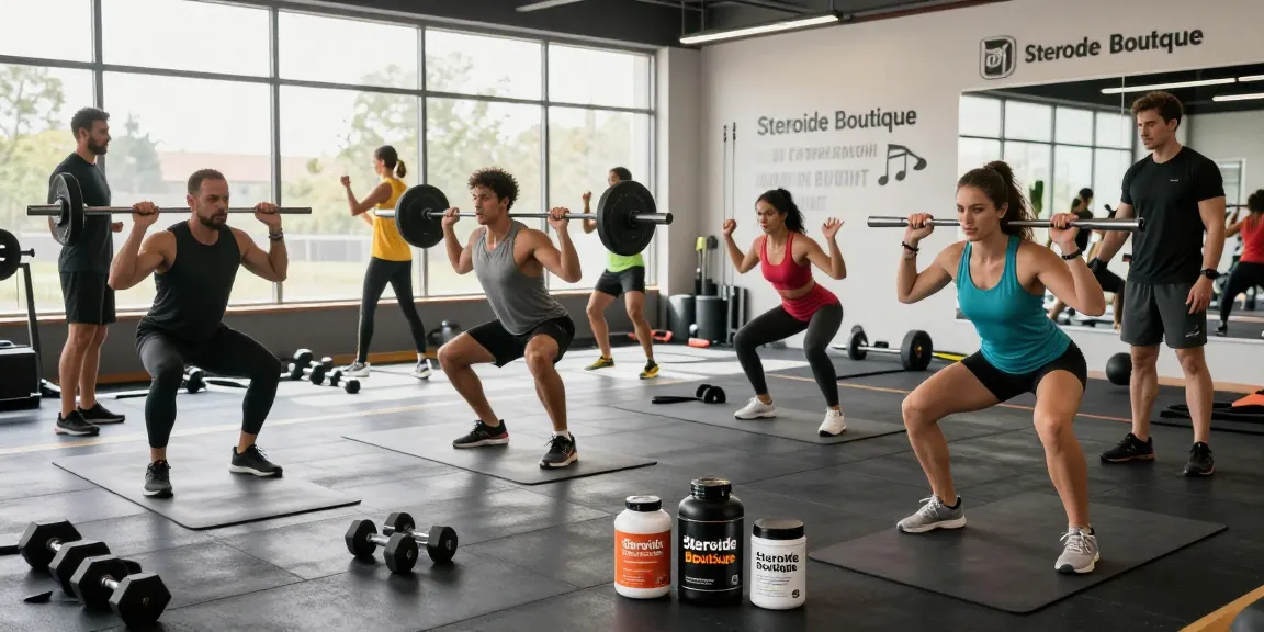 Vibrant fitness scene featuring athletes using supplements from Steroide Boutique in a modern gym.
