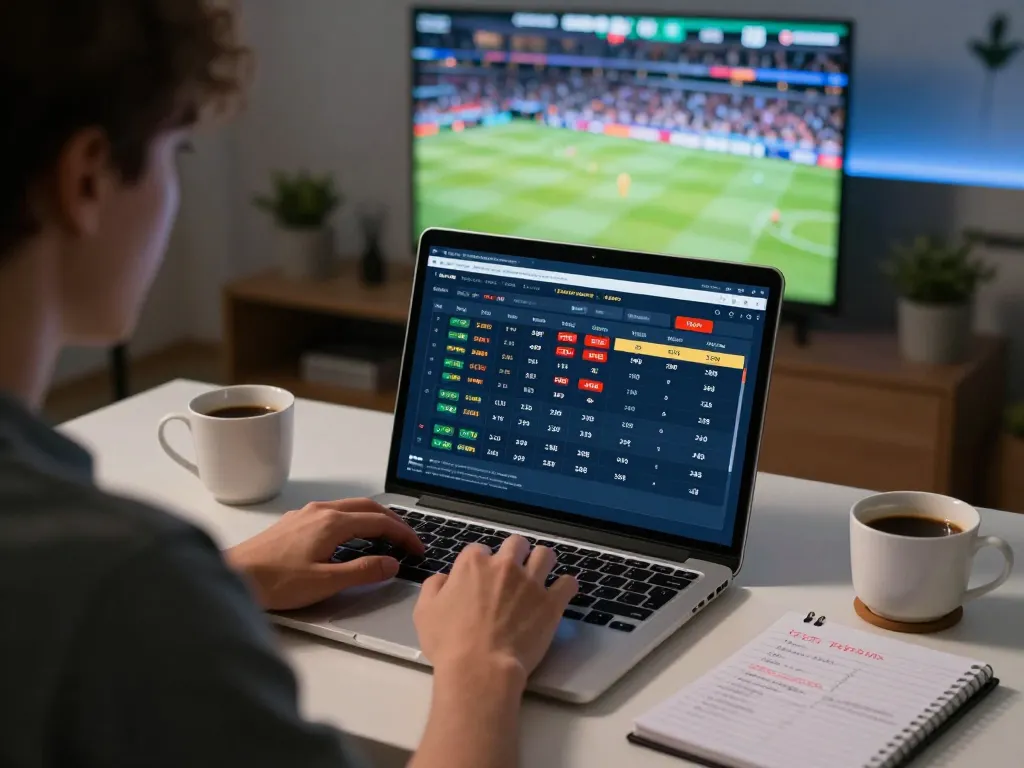 Engaging in sports betting at home with a laptop showing sky88 betting interface and live match.