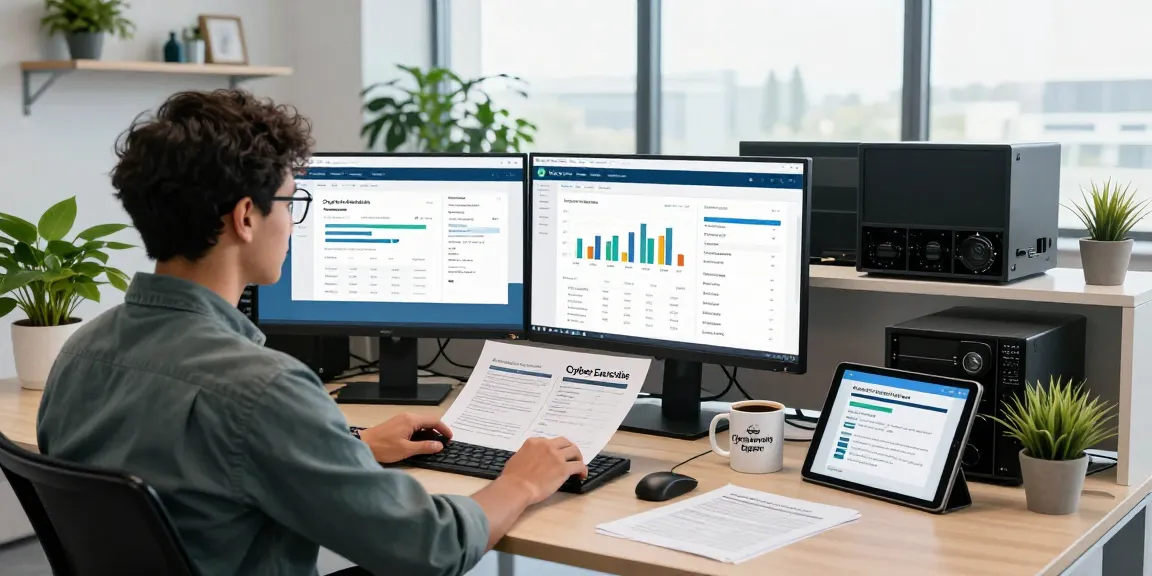 IT professional reviewing cyber essentials requirements in a modern office setup.