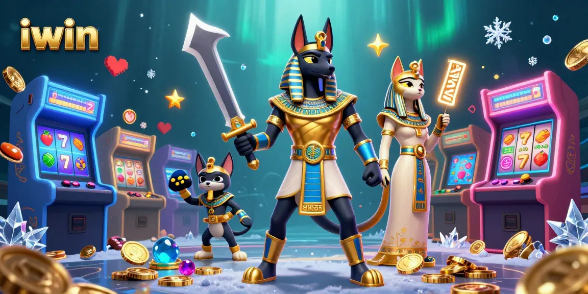 Win big with iwin while enjoying an energetic 3D casino scene featuring Anubis and Bastet.
