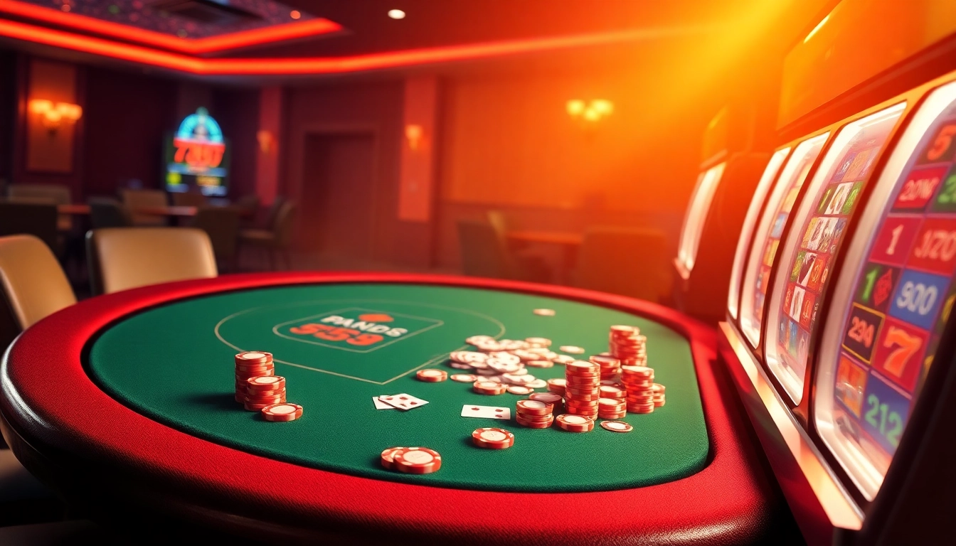 Experience the excitement of online gambling with 789f's vibrant casino scene featuring poker tables and slot machines.