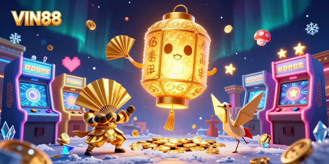 Engage with VIN88's vibrant casino atmosphere featuring a glowing lantern spirit and paper fan warriors.