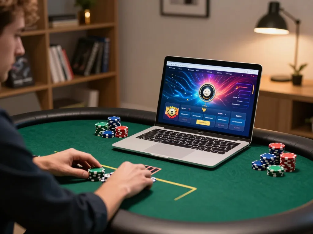 Player engaged in an online poker game on LV88, with chips and vibrant game interface visible, showcasing strategy.