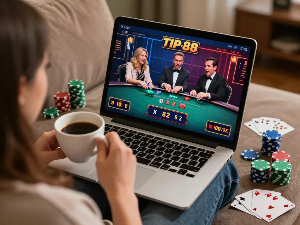 Engaged player enjoying online casino gaming at TIP 88 with vibrant poker elements.