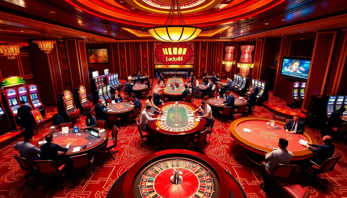 Exciting gambling action at Trang chủ Luck8 showcasing poker chips, roulette, and slot machines.