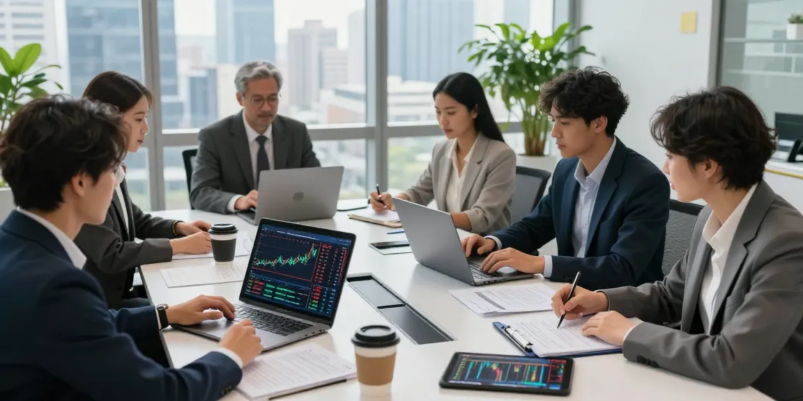 Team discussing ETF investment strategies in a modern office setting