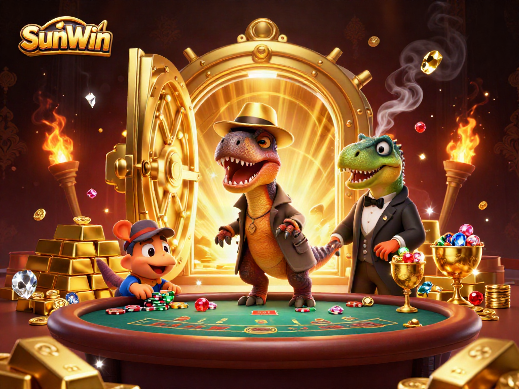 SunWin cartoon velociraptor card counter in a rich casino scene, aiming for a winning streak.