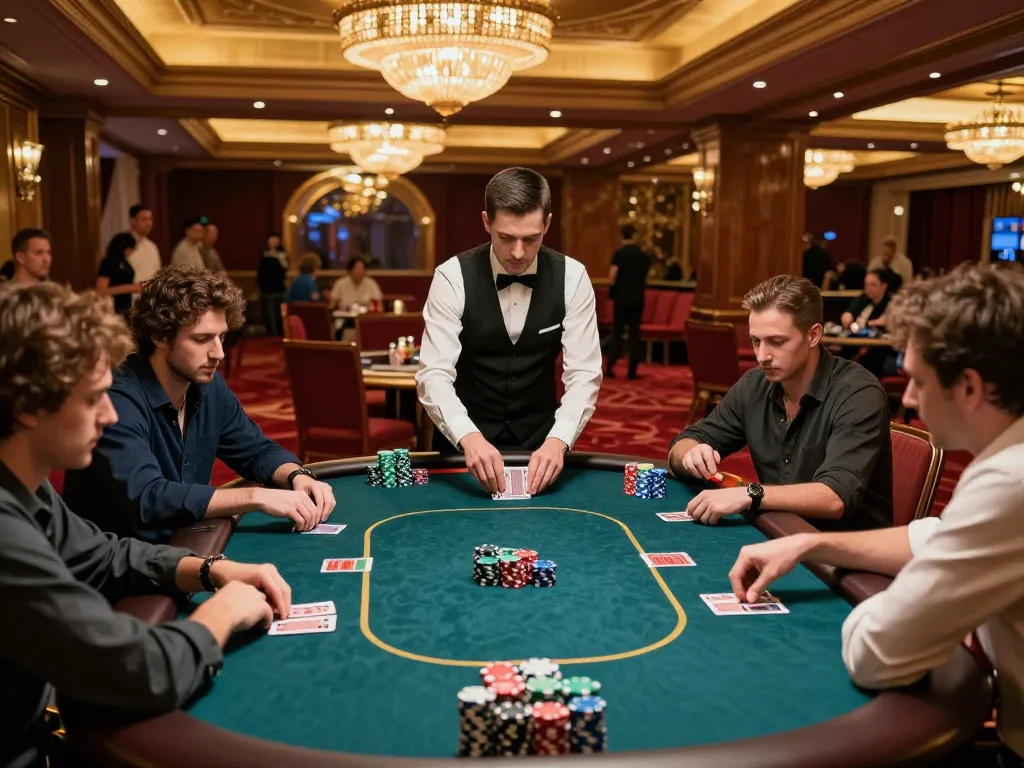 Engaging poker game scene at trang chủ tt88 showing players in a luxury casino environment.